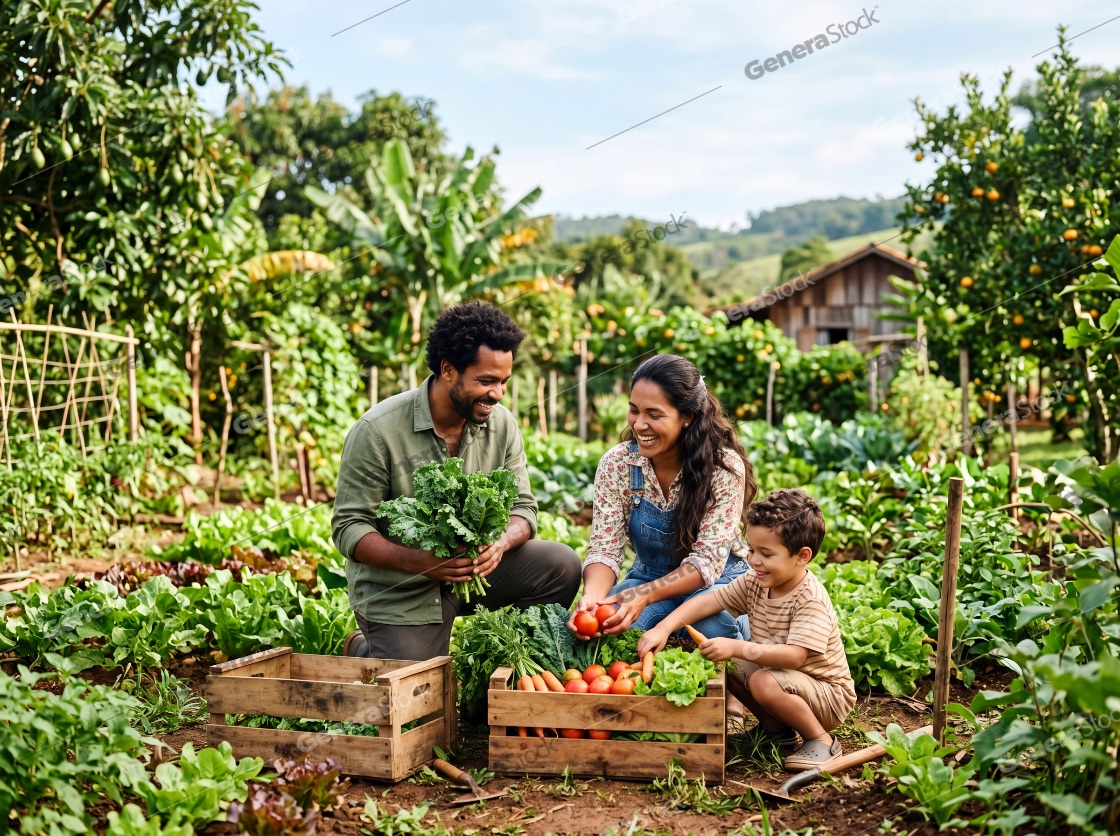 Happy multi-ethnic family harvesting fresh organic vegetables in a lush garden