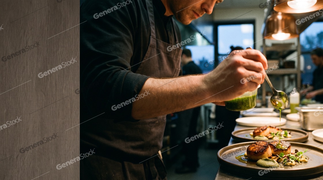 Professional male chef meticulously garnishing seared scallops w