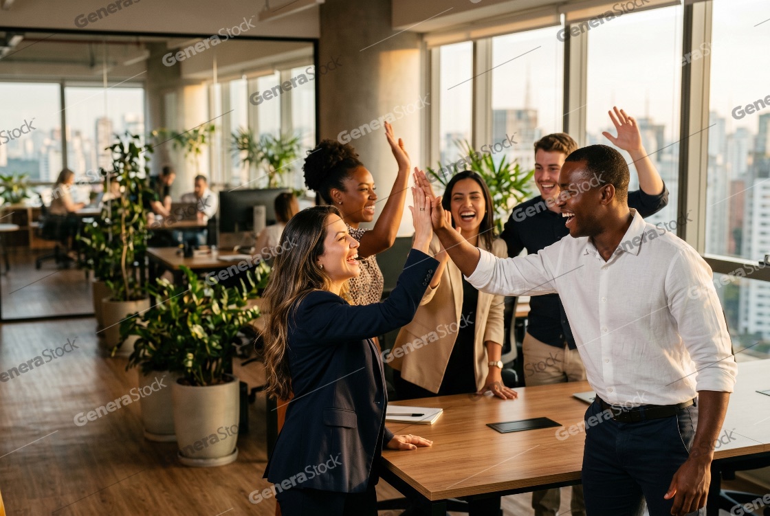 Happy multi-ethnic group of colleagues giving high fives and laughing together in a bright corporate office during sunset