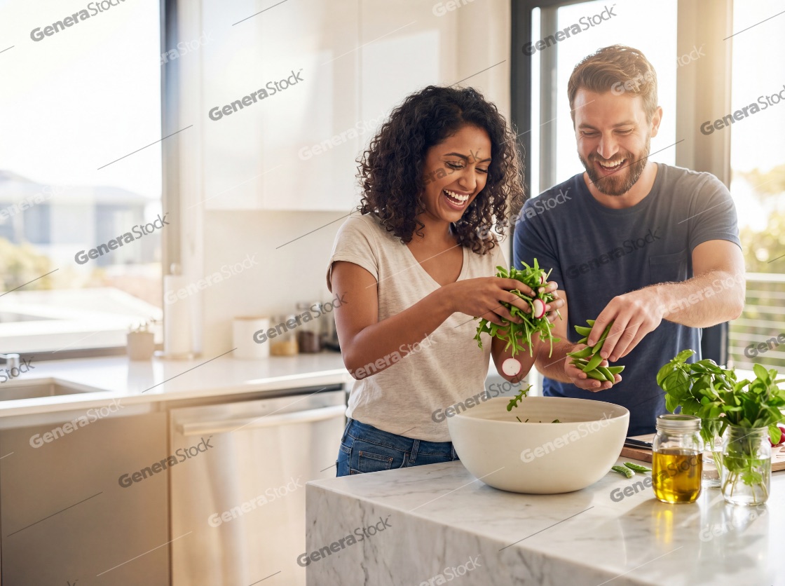 Happy interracial couple laughing while preparing a healthy fresh salad together in a bright modern kitchen, tossing greens and vegetables into a bowl for a nutritious meal at home