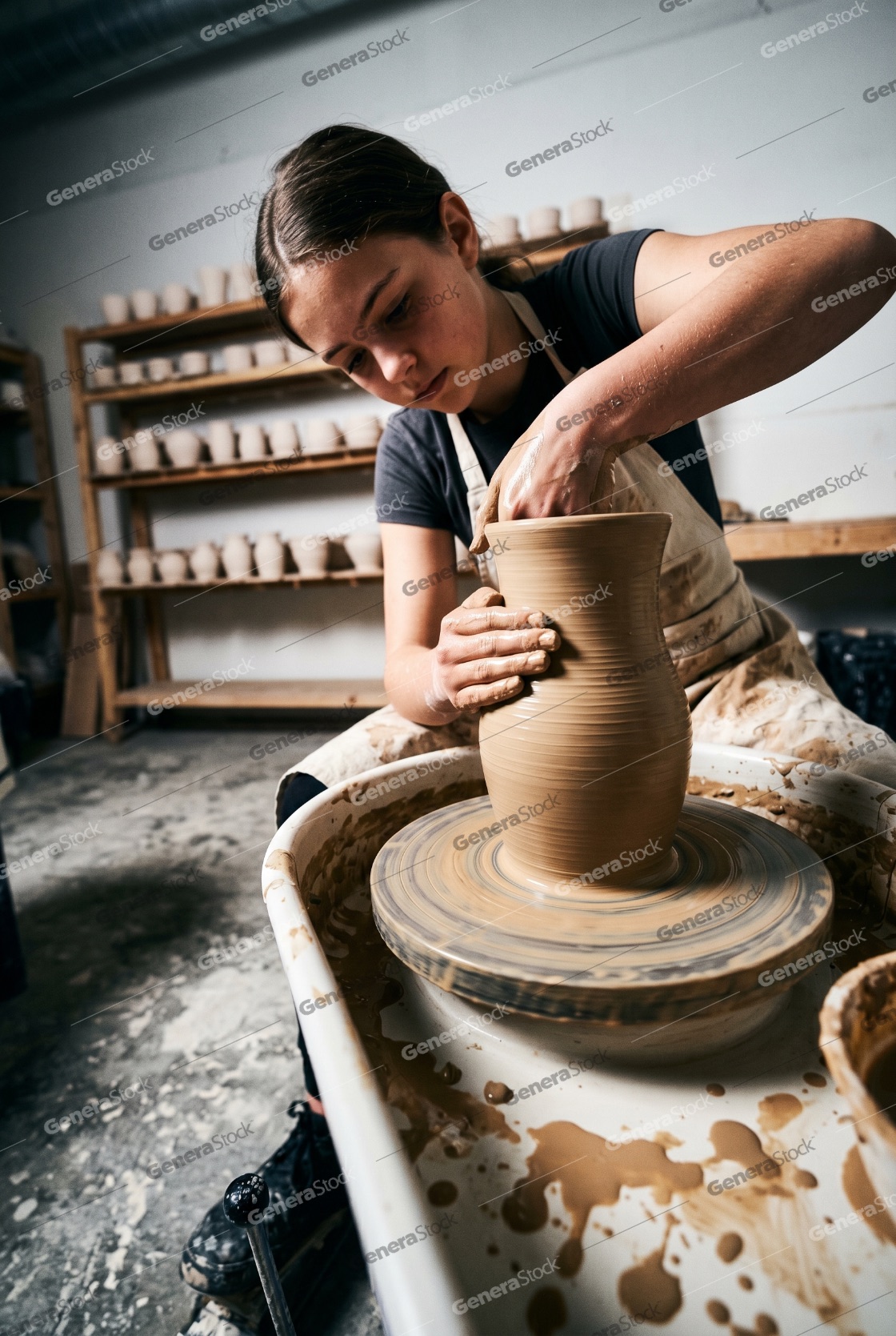 Focused young female artist shaping a tall ceramic vase on a spinning pottery wheel in a professional pottery studio workshop