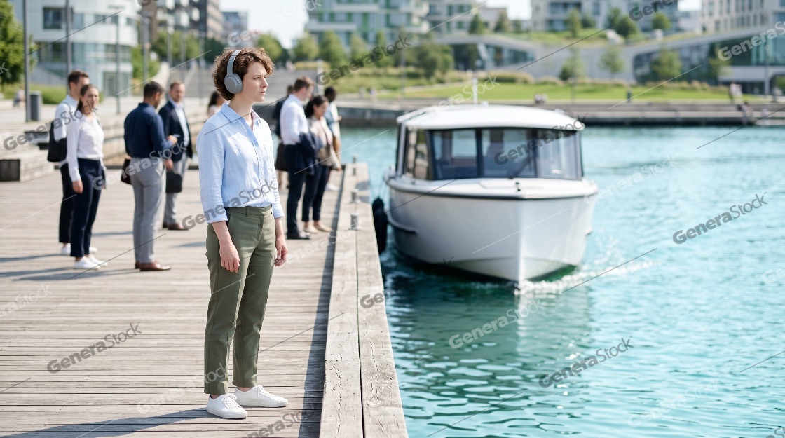 Young woman wearing noise-canceling headphones stands on a wooden dock waiting for a commuter ferry boat in a modern urban waterfront setting