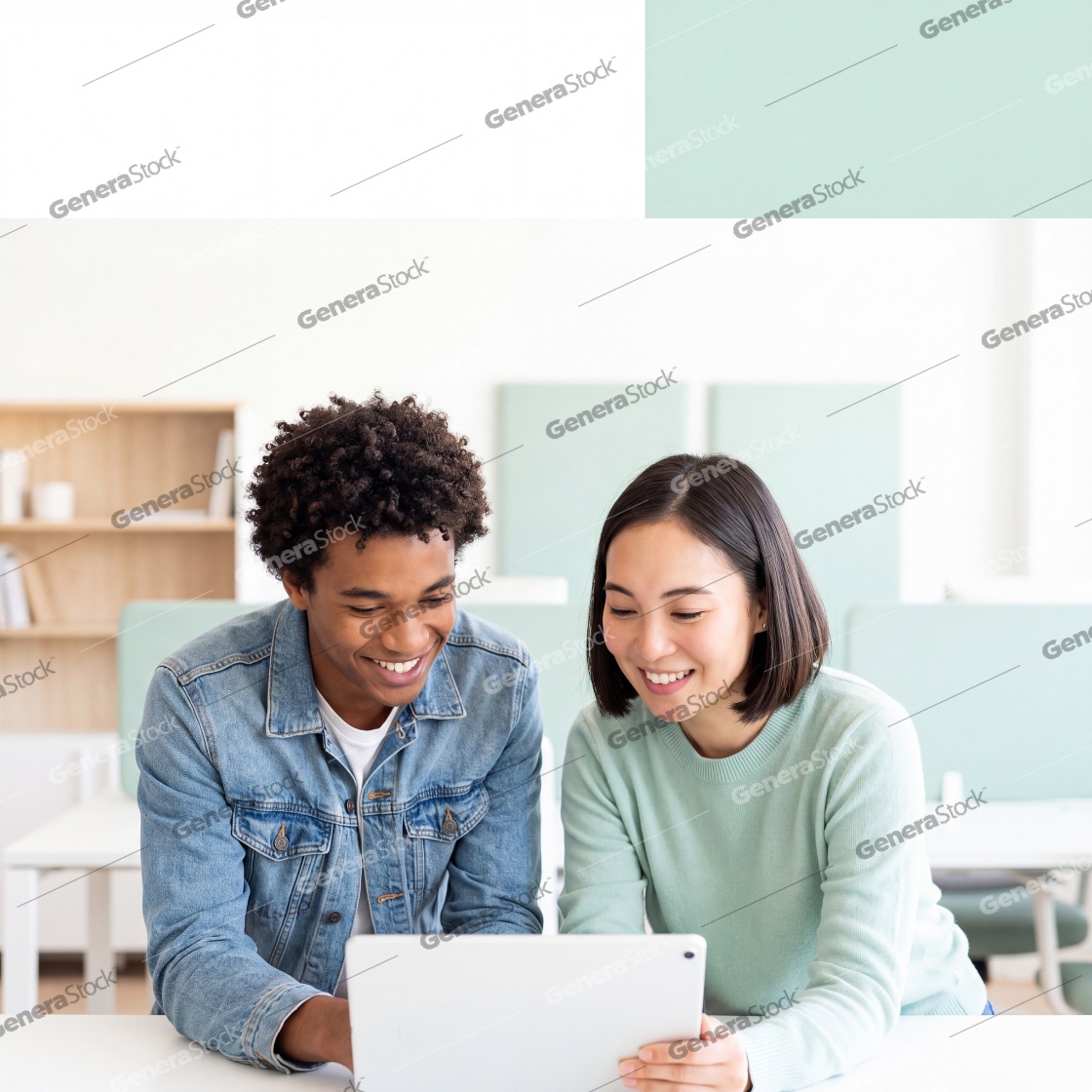 A young Black man and an Asian woman collaborating and smiling while looking at a tablet in a bright, modern office or educational setting, showcasing teamwork and diversity in the workplace