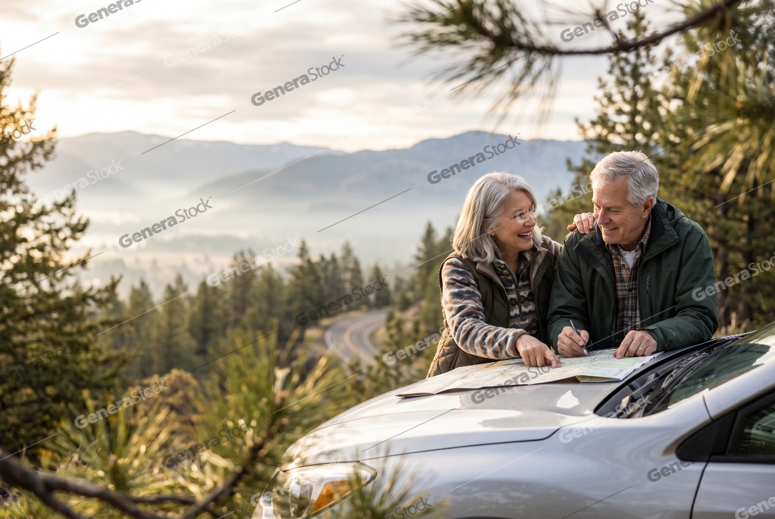 Happy senior couple planning their road trip route on a paper map spread over a car hood with a beautiful misty mountain landscape background