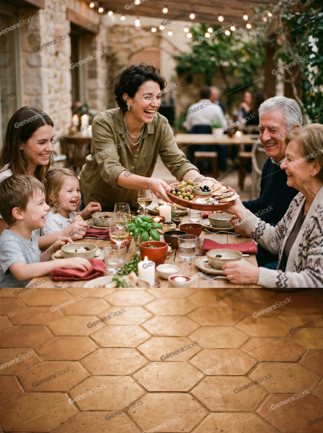 Multi-generational family laughing and sharing appetizers during an outdoor dinner party at a rustic Mediterranean restaurant
