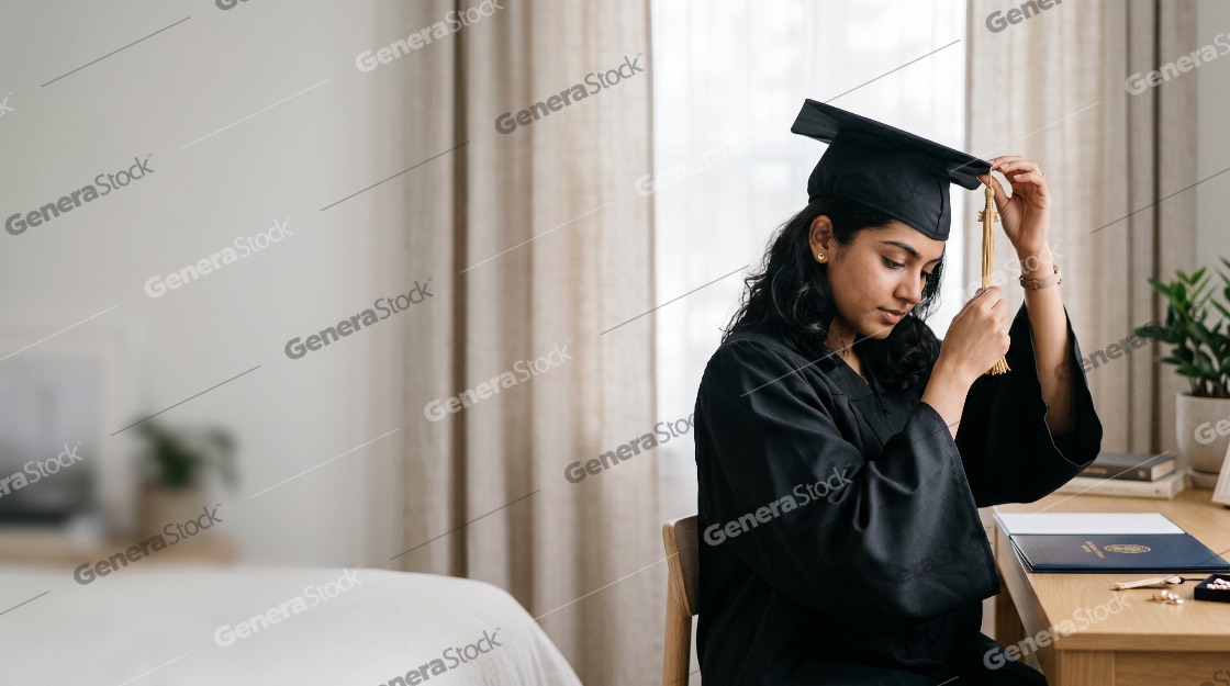Young Indian Female Graduate in Black Academic Gown Adjusting Tassel at Home Desk