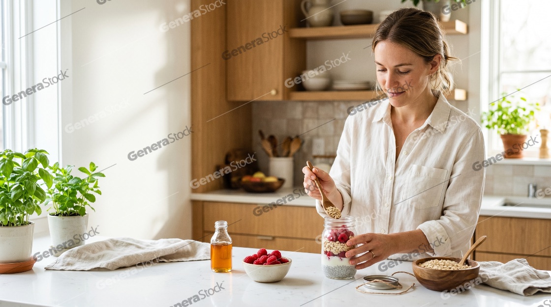 Young woman preparing a healthy layered breakfast jar with oats and raspberries in a bright modern kitchen