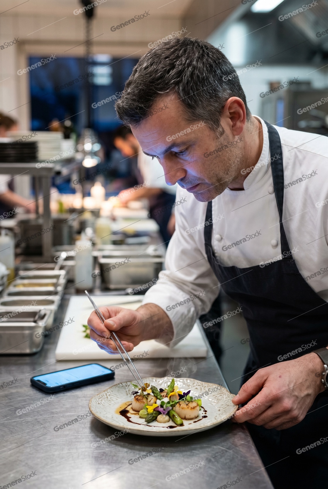 Professional male chef carefully plating a gourmet seafood dish with seared scallops and asparagus in a high-end commercial kitchen