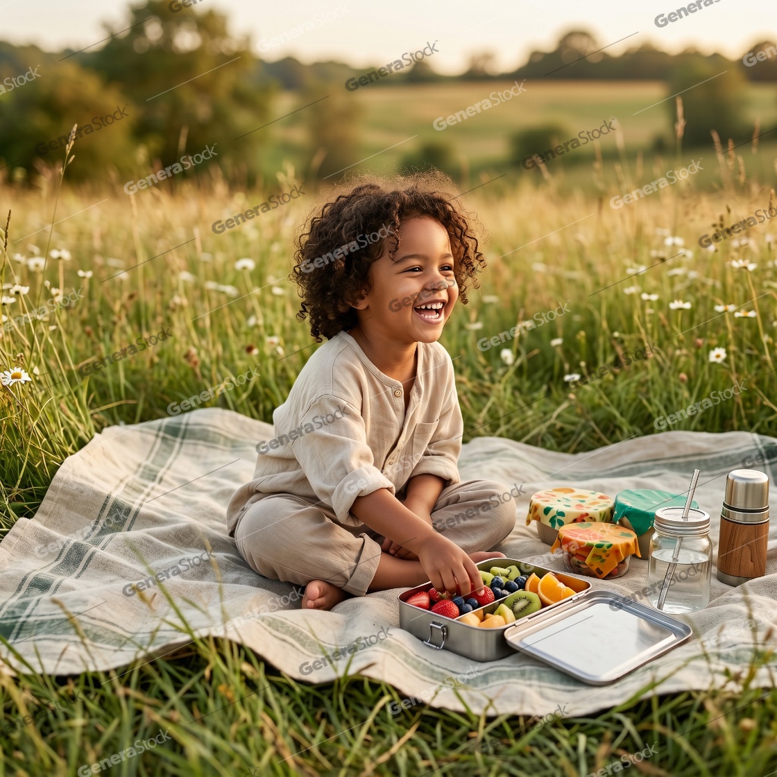 Happy young child with curly hair enjoying a healthy fruit picnic in a sunlit meadow at sunset