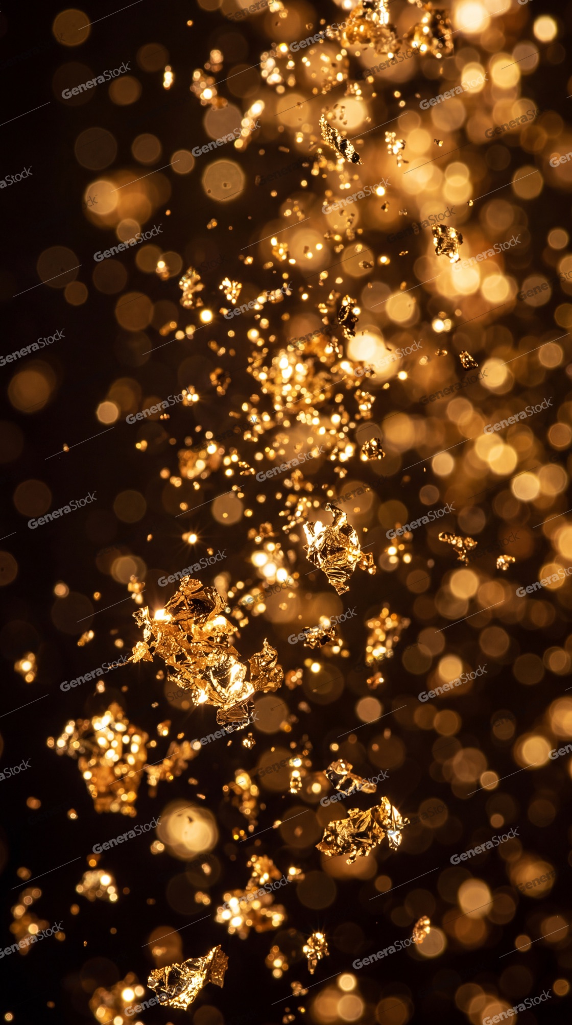 Abstract Golden Foil Flakes and Glitter Falling Against a Dark Background with Soft Bokeh Lights for Luxury Celebrations