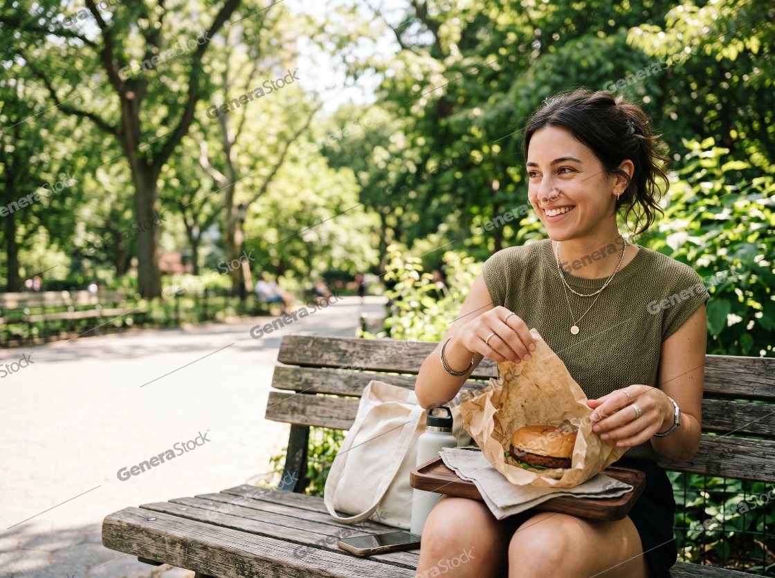 Young smiling woman enjoying a delicious burger while sitting on a wooden bench in a sunny public park during her lunch break