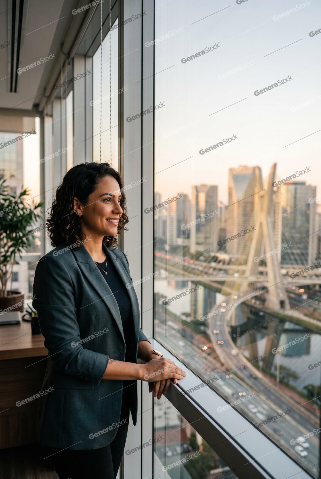 Successful businesswoman looking out of office window at Sao Paulo city skyline at sunset