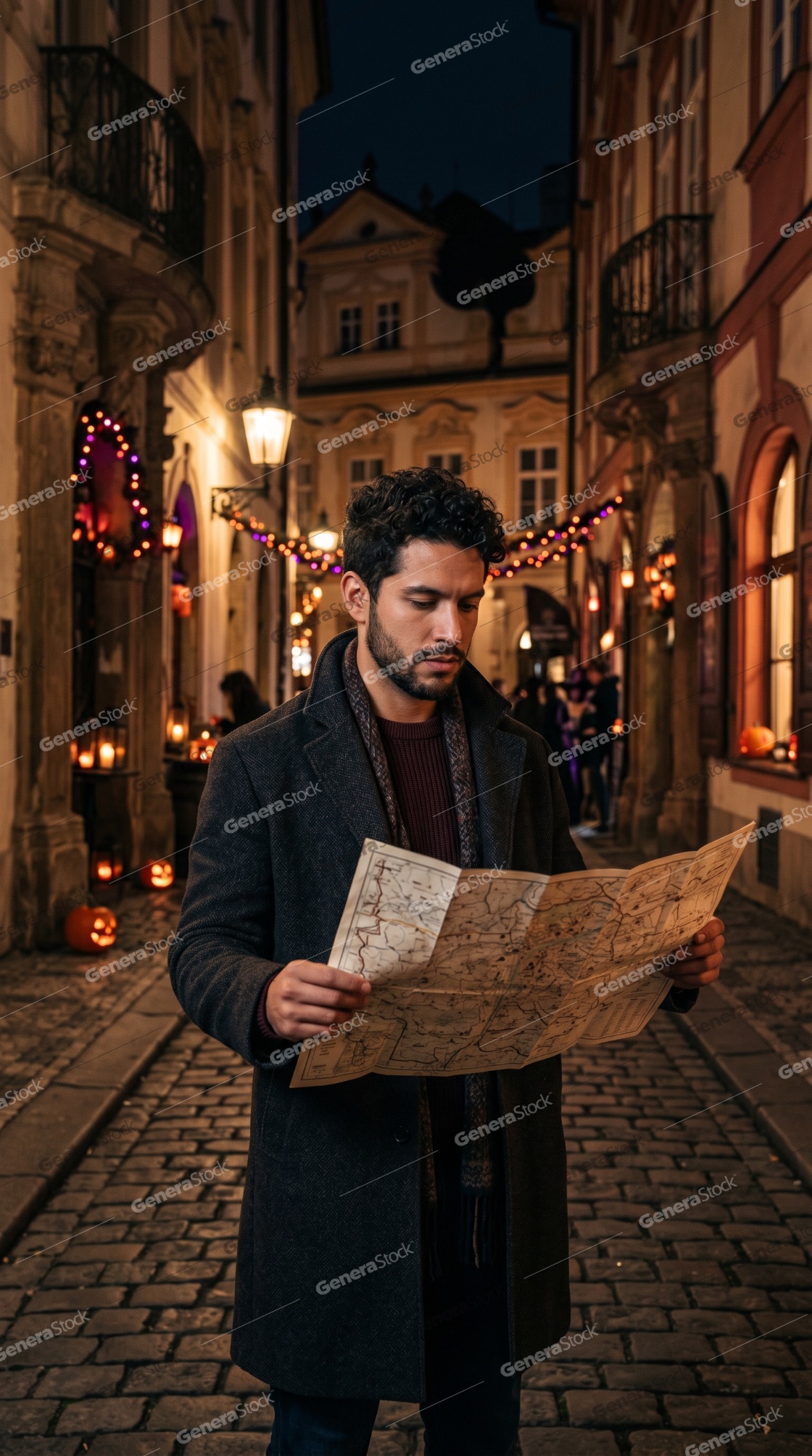 Young male traveler looking at a paper map on a historic European street decorated for Halloween at night