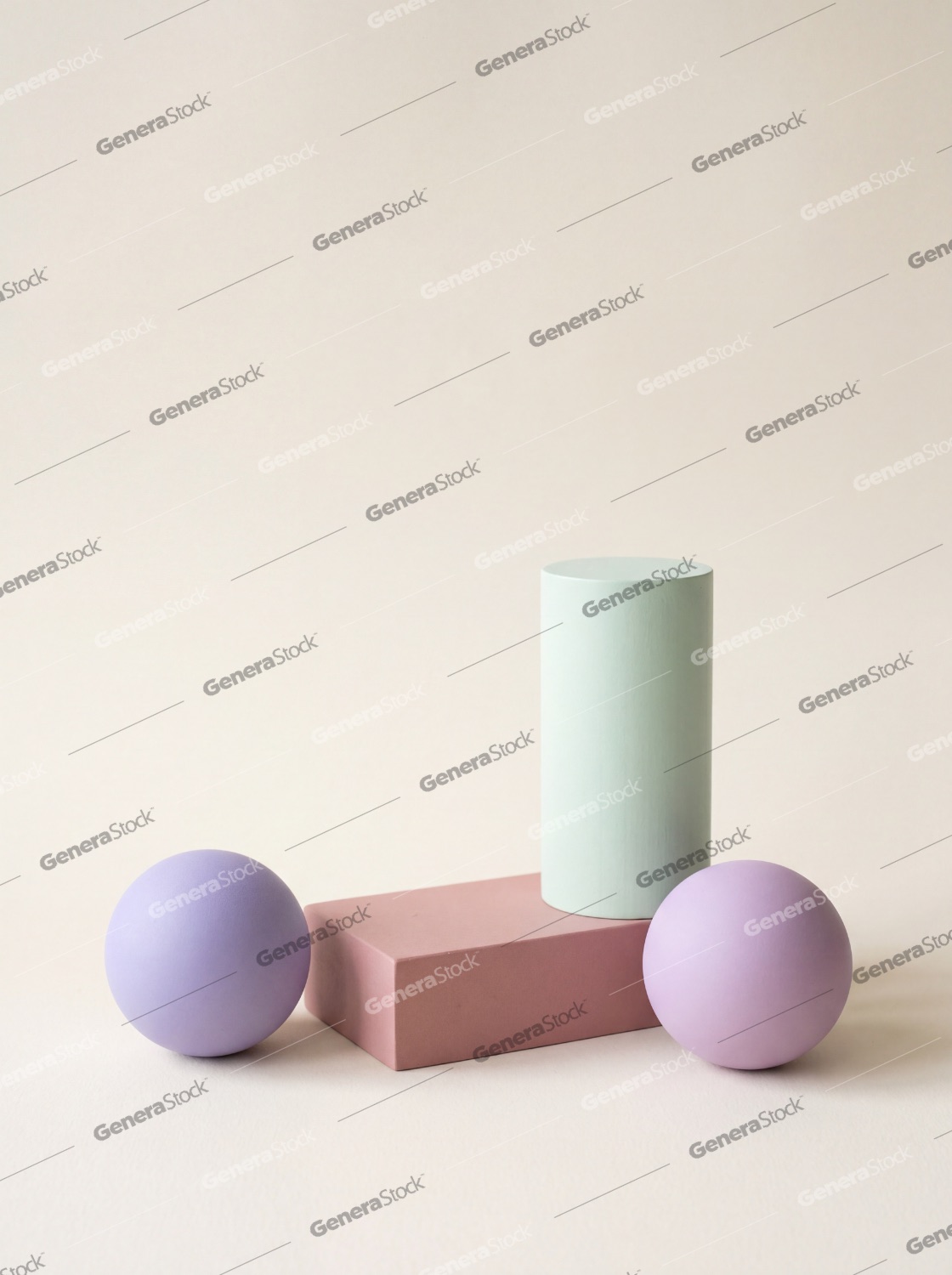 Minimalist composition of pastel geometric shapes including spheres, cylinder, and rectangular block on a neutral background