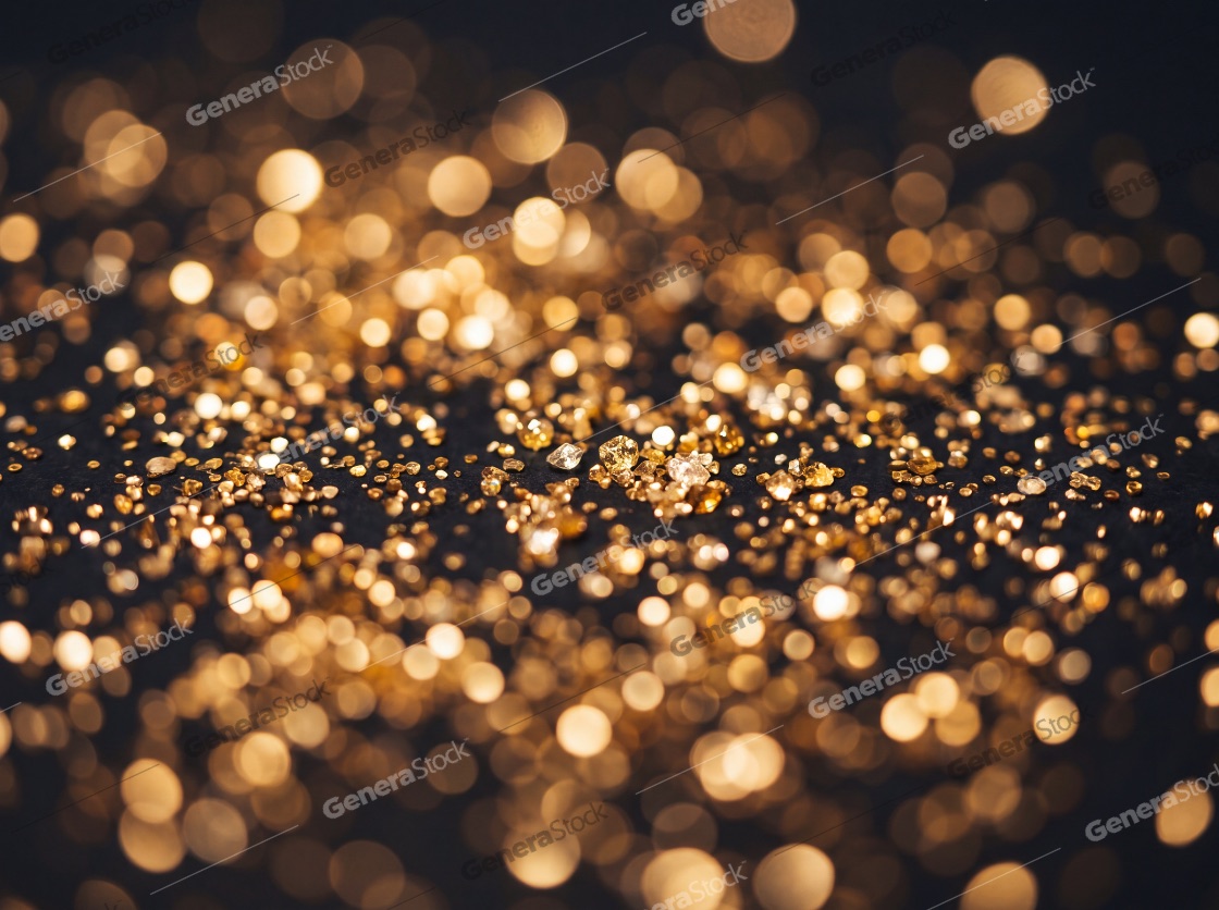 Sparkling gold glitter particles and bokeh lights on a dark black background