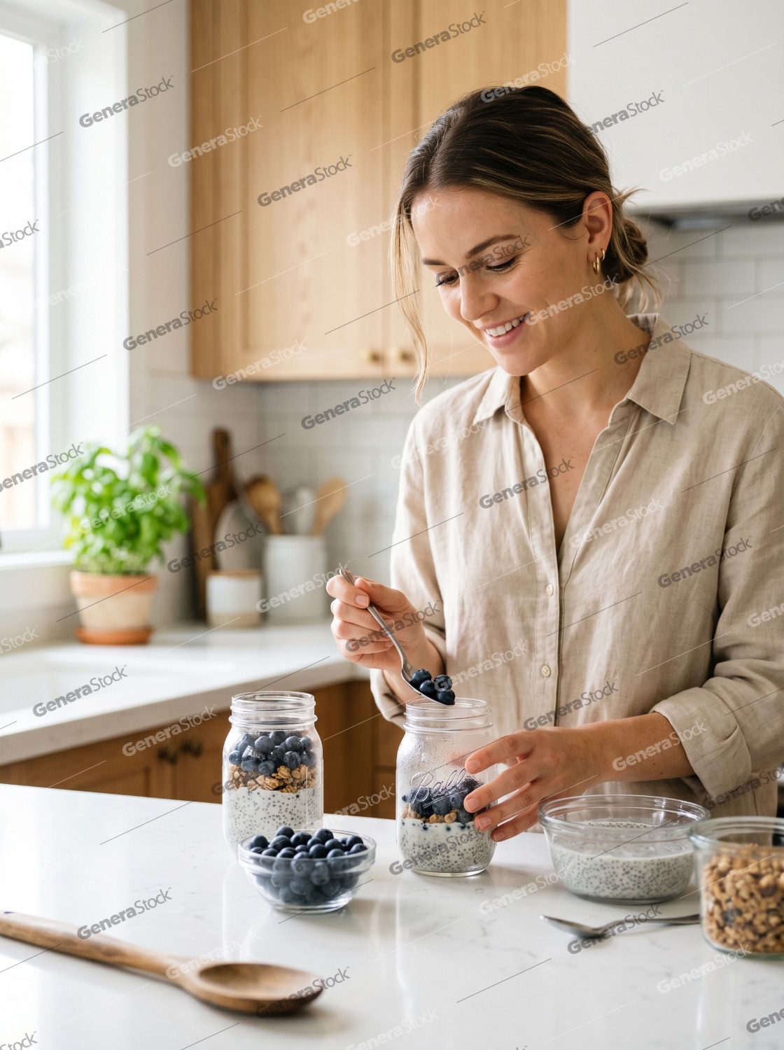 Smiling Woman Preparing Healthy Chia Seed Pudding with Blueberries in a Bright Kitchen
