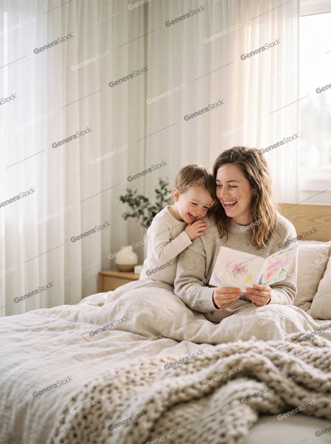 Happy mother and her young son laughing together while looking at a colorful drawing on a bed in a bright, cozy bedroom