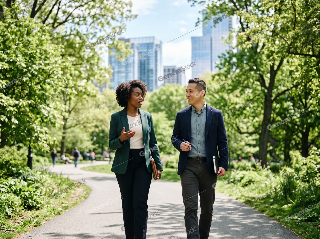 Diverse Business Professionals Walking and Talking in a Sunny City Park