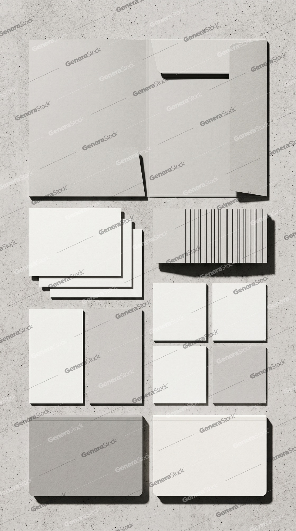 Blank corporate identity stationery set mockup on a textured concrete surface featuring a folder, business cards, and notebooks for branding presentation