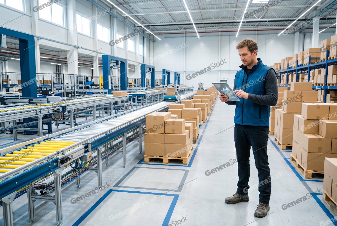 Warehouse manager using a digital tablet to monitor inventory and automated conveyor systems in a modern distribution center
