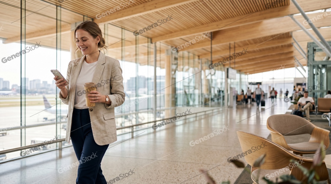 Young smiling businesswoman walking through a modern airport terminal while using her smartphone and holding a coffee cup