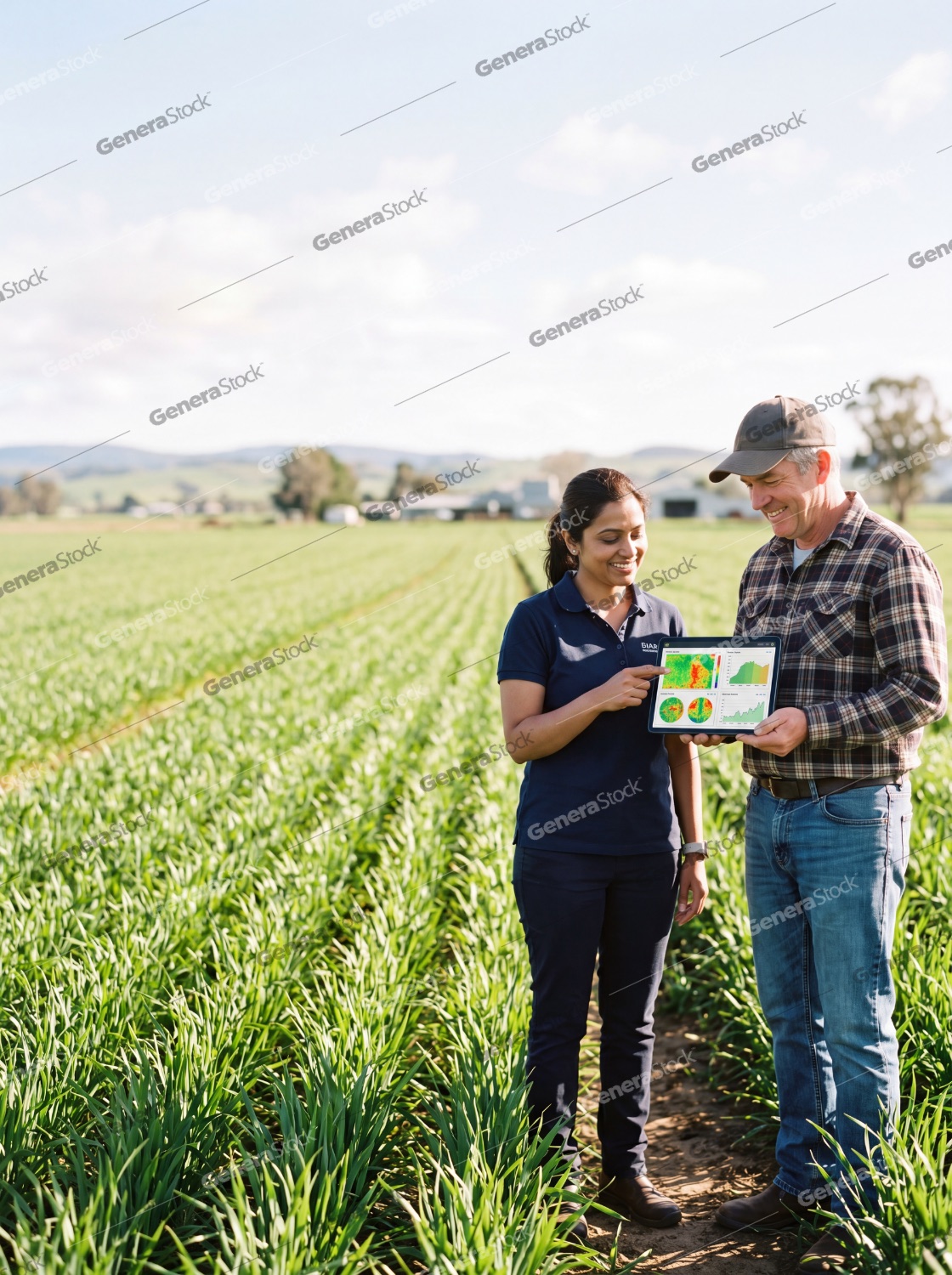 Agronomist and Farmer Analyzing Crop Data on a Tablet in a Green Field for Precision Agriculture