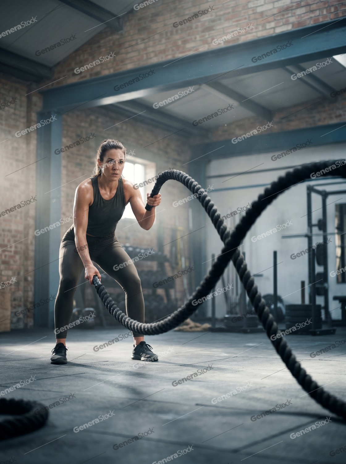 Determined Athletic Woman Performing Battle Rope Exercise in a Modern Industrial Gym Setting