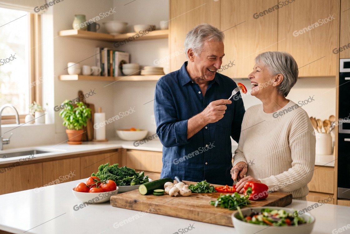 Happy senior couple preparing a healthy meal together in a modern kitchen, sharing a playful moment while chopping fresh vegetables