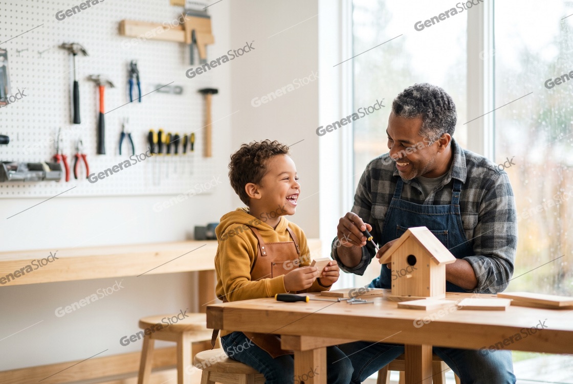 Happy African American Father and Son Building a Birdhouse Together in a Home Workshop