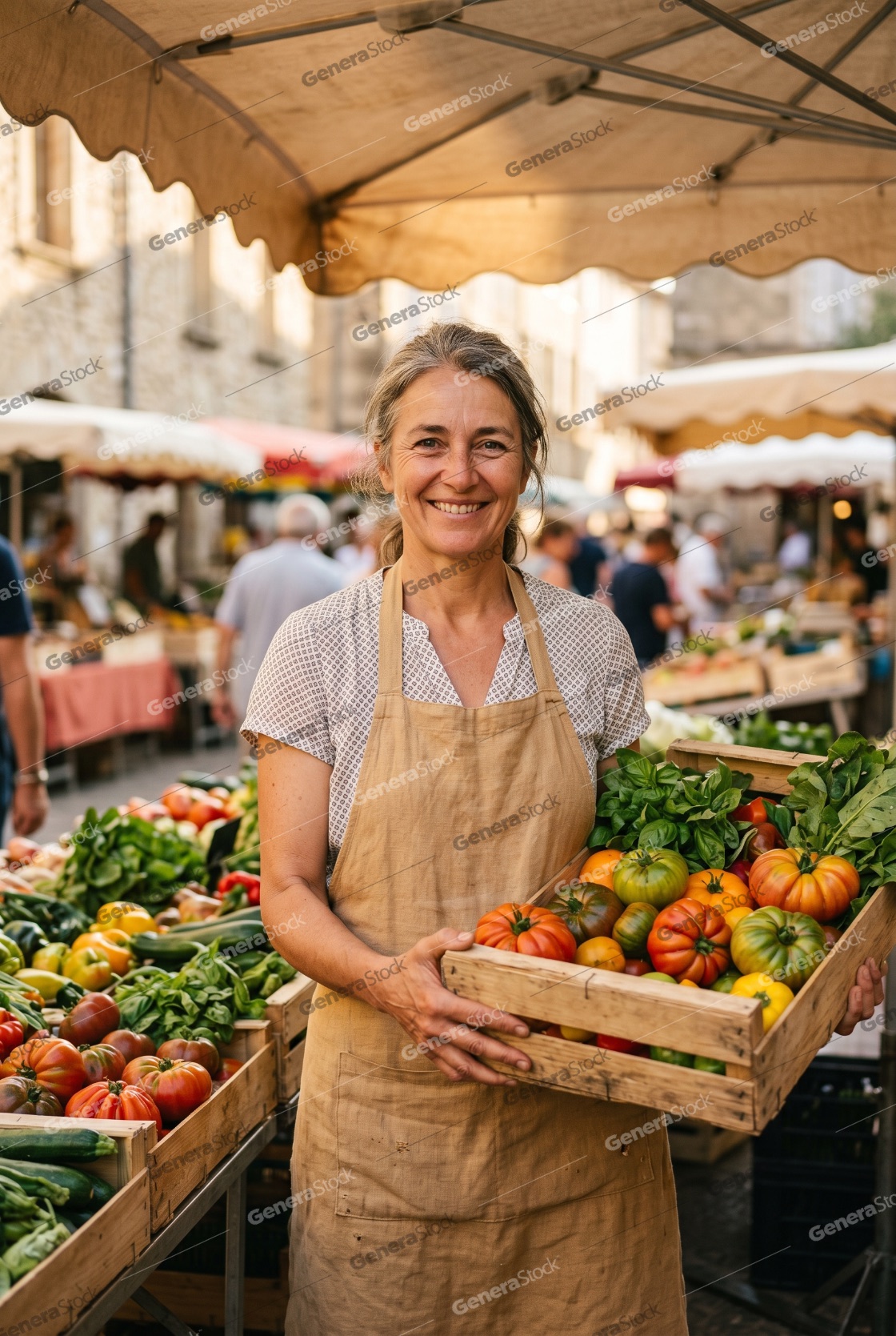 Smiling female vendor holding a wooden crate of fresh heirloom tomatoes at a sunny outdoor farmer's market