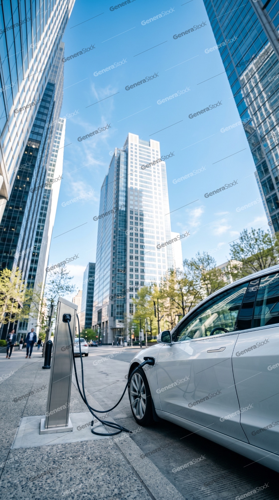 White Electric Car Charging at a Street Station in a Modern City with Skyscrapers