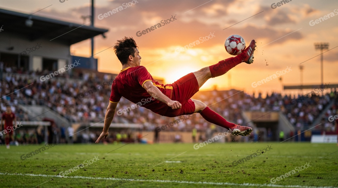Athletic soccer player performing a spectacular overhead bicycle kick during a football match at sunset with a stadium crowd in the background