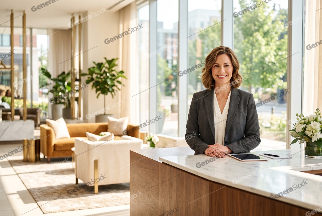 Confident female professional in a grey blazer smiling behind a
