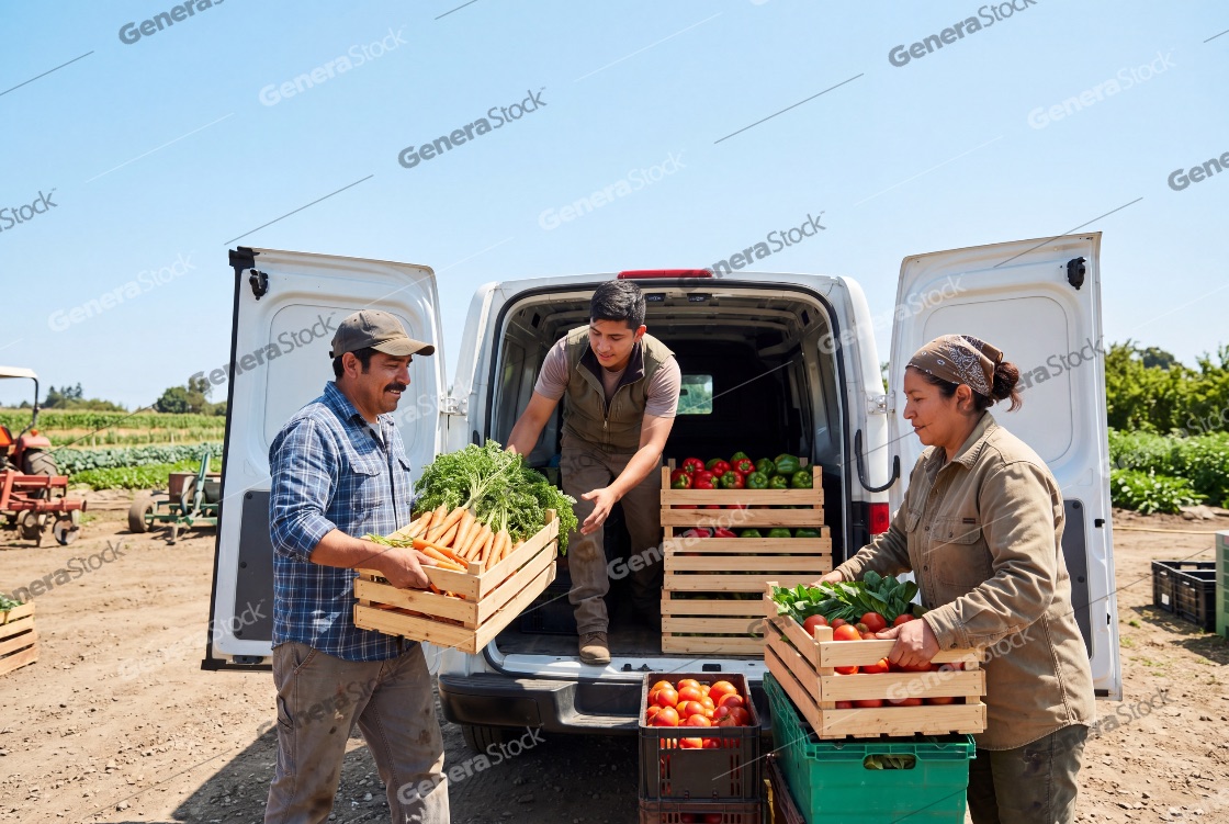 Group of Hispanic farmers loading wooden crates filled with fresh organic vegetables into a white delivery van on a sunny farm