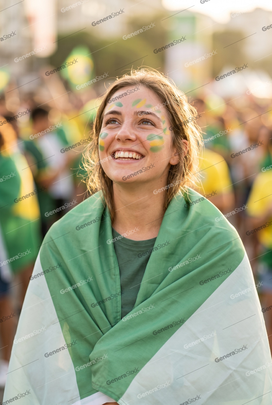 Happy young woman celebrating as a fan with face paint and a green flag draped over her shoulders at a crowded outdoor sporting event