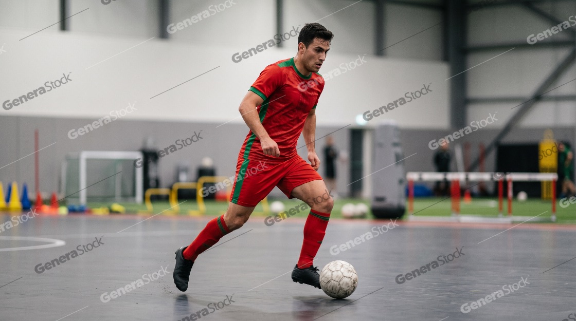 Professional soccer player in red uniform dribbling a ball on an indoor court during training