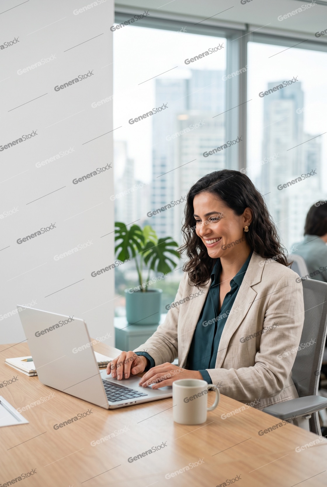 Smiling Professional Businesswoman Working on Laptop in Modern City Office
