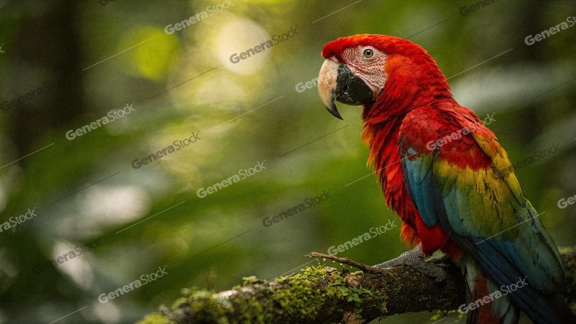 Vibrant Scarlet Macaw parrot perched on a mossy branch in a lush