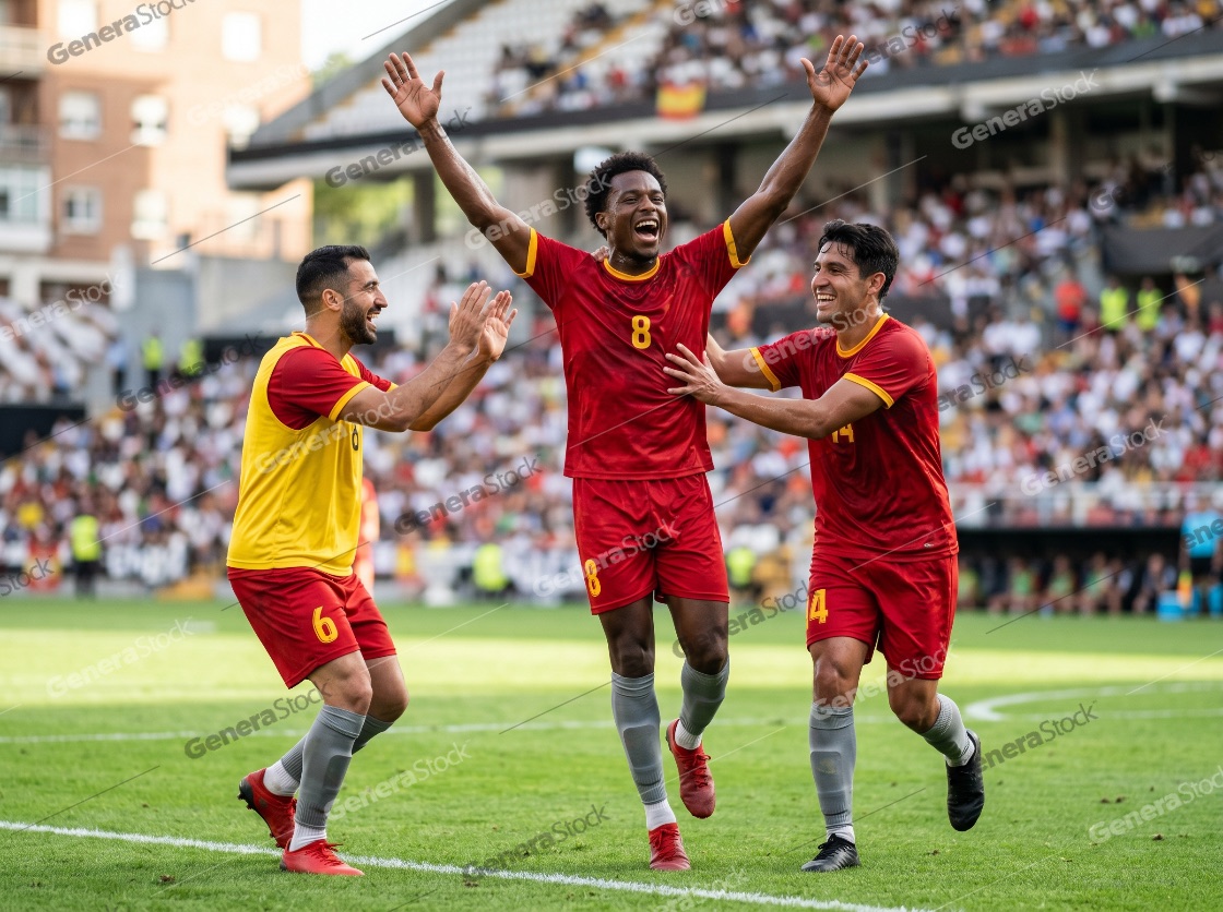 Professional Soccer Players Celebrating a Goal with Joy in a Crowded Stadium