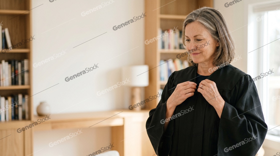 Mature Professional Woman Putting on a Black Academic or Judicial Robe in a Home Office