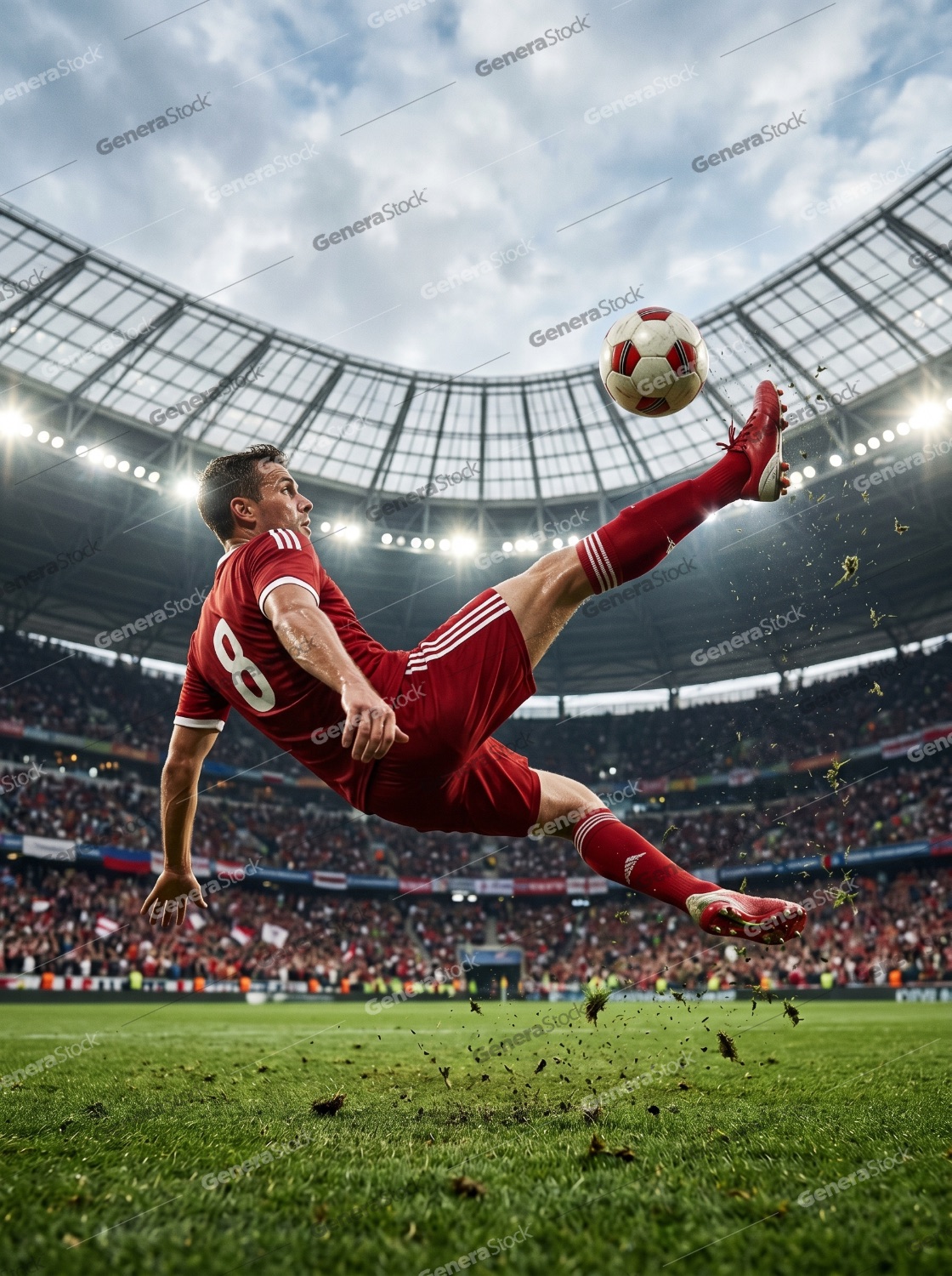 Professional Soccer Player in Red Uniform Performing a Dynamic Bicycle Kick in a Crowded Stadium