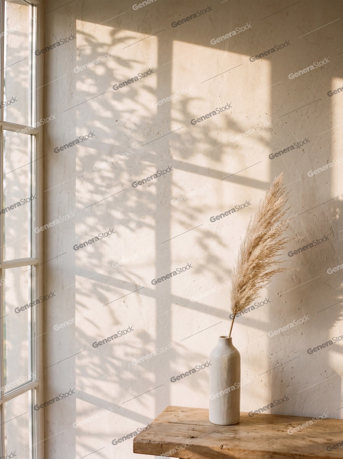 Minimalist interior scene with pampas grass in a vase and sunlight shadows on a textured wall