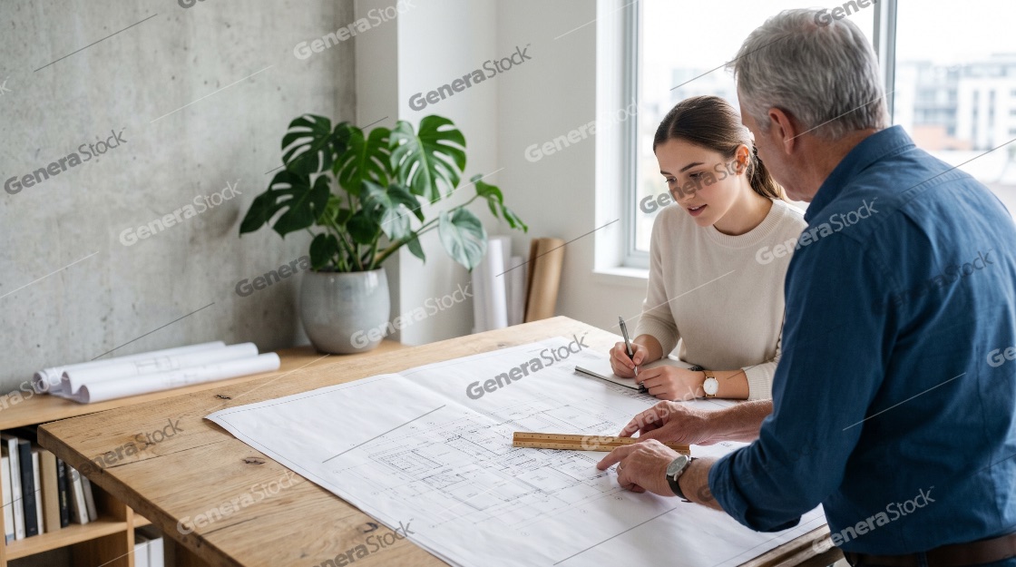 Senior male architect mentoring a young female colleague while reviewing architectural blueprints in a modern office
