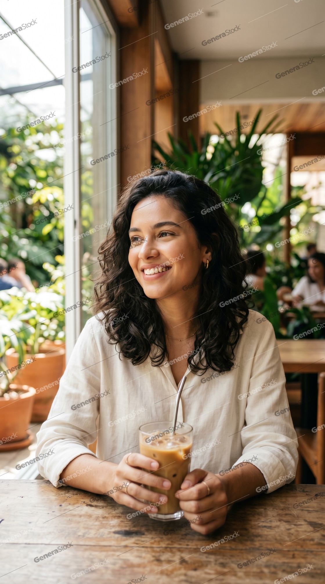 Portrait of a smiling young woman with dark curly hair enjoying an iced latte at a sunny cafe with lush green plants in the background