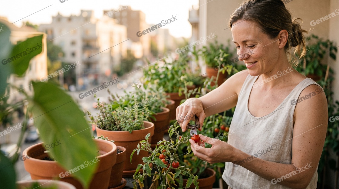 Happy woman harvesting fresh cherry tomatoes from her urban balcony garden at sunset