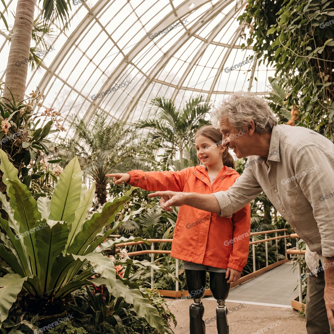 Smiling young girl with prosthetic legs and her grandfather pointing at tropical plants inside a large glass greenhouse, showcasing family bonding, inclusivity, and educational nature exploration
