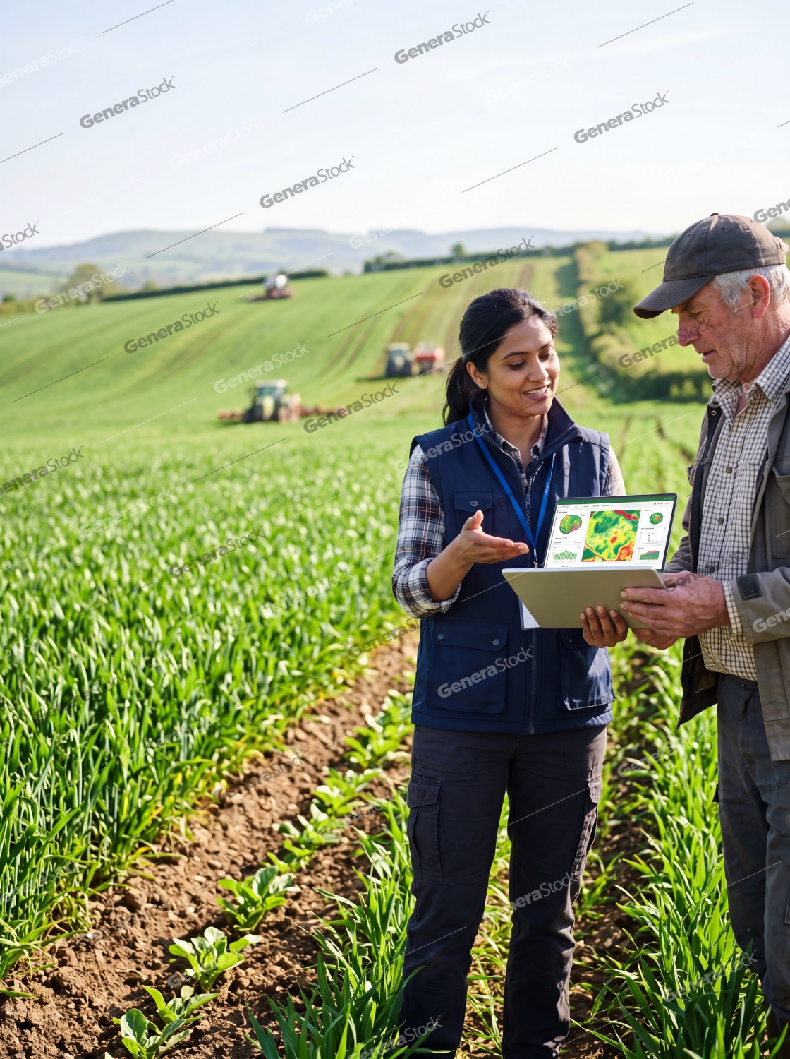 Agricultural consultant and farmer using a digital tablet for precision farming in a lush crop field with tractors in the background