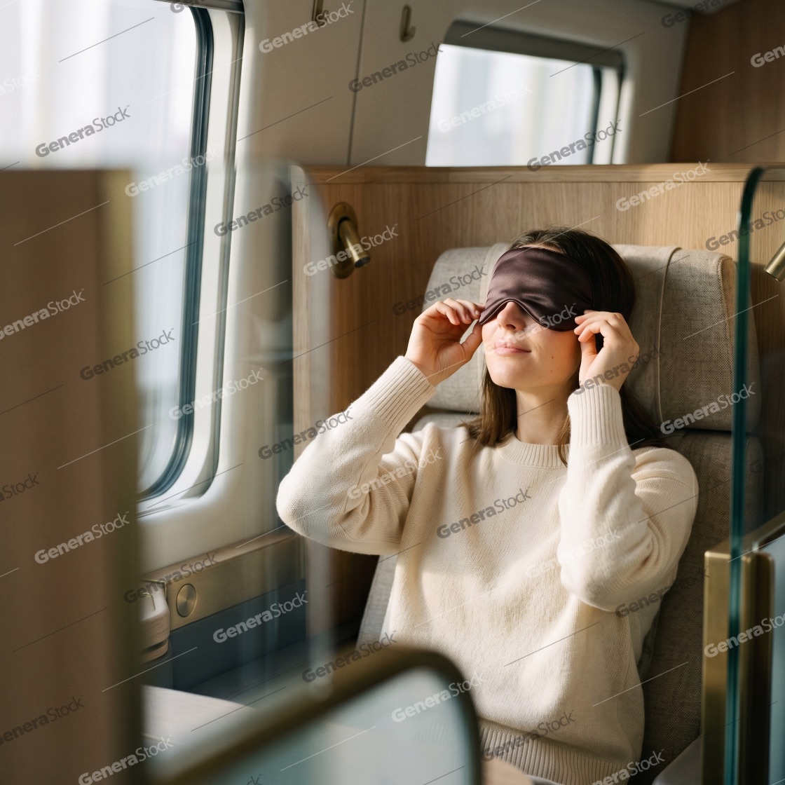 Young woman passenger wearing a silk eye mask for sleep while traveling in a luxury first-class train cabin
