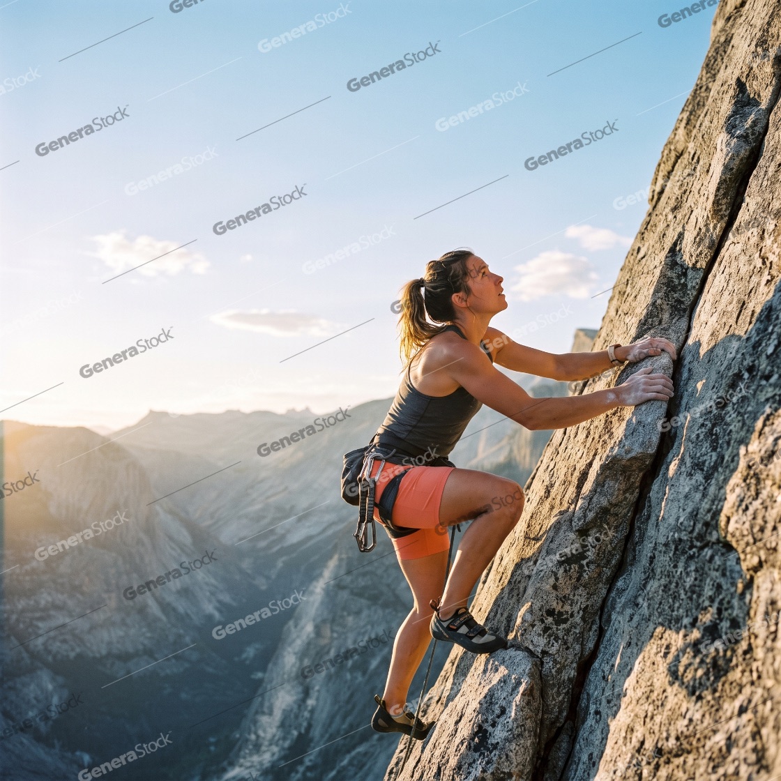 Determined female rock climber ascending a steep granite cliff f