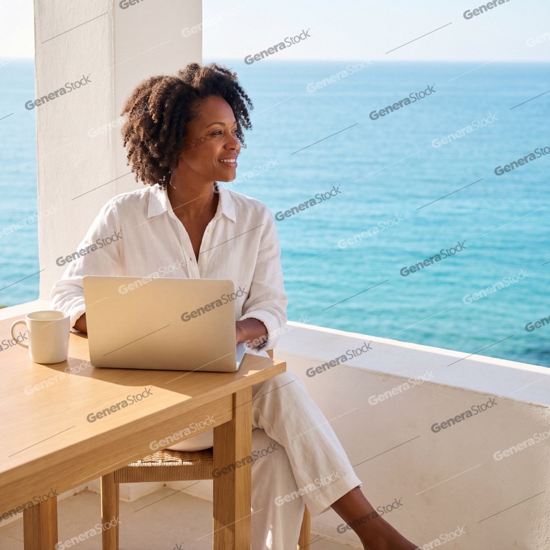 A happy African American woman works remotely on her laptop from a sunny balcony overlooking the beautiful blue ocean, enjoying the freedom of a digital nomad lifestyle in a luxury resort